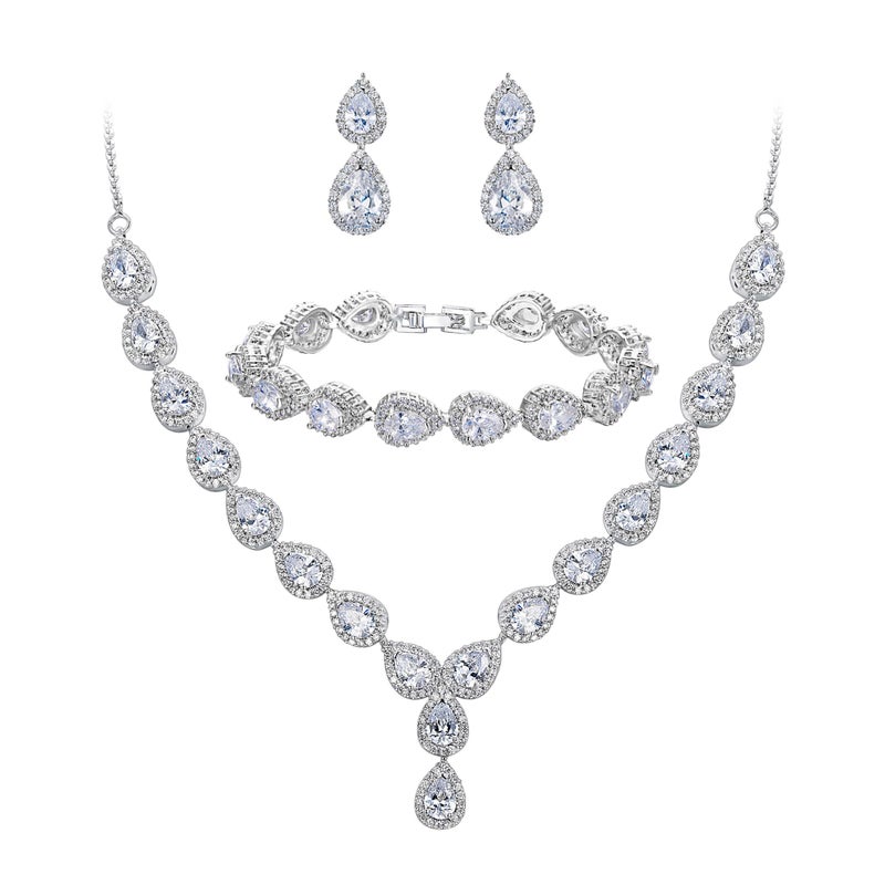 BriLove Wedding Bridal CZ Jewelry Set for Women Teardrop Infinity Figure 8 Y-Necklace Tennis Bracelet Dangle Earrings Clear Silver-Tone April Birthstone - Image 1